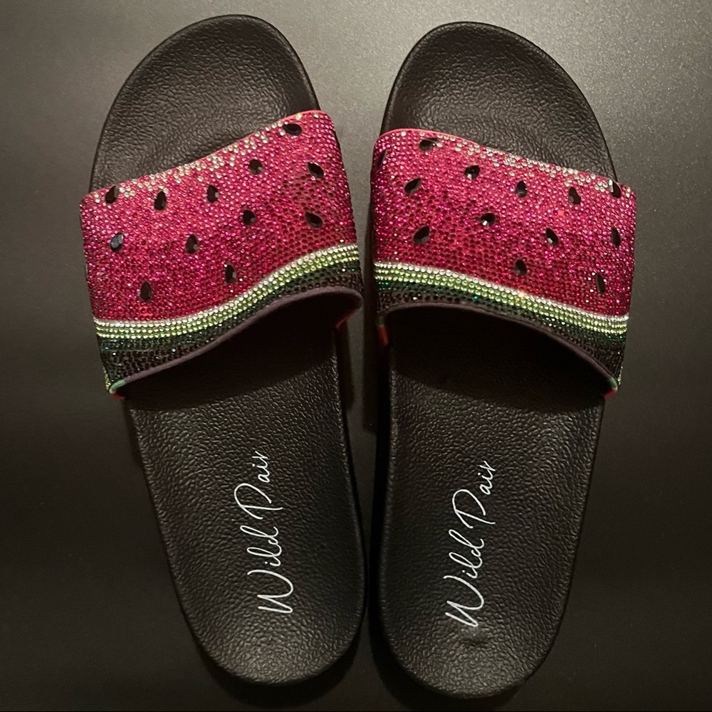 NWOT Wild Pair Watermelon Slides with Crystals
